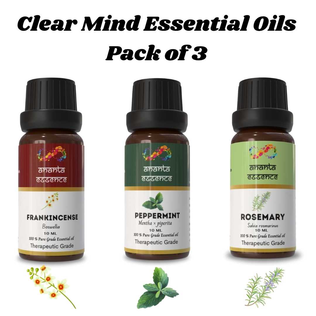 

Ananta Clear Mind Essential Oil Combo – Frankincense, Peppermint & Rosemary Aroma Oils (10 ml × 3) Volume= 10ml