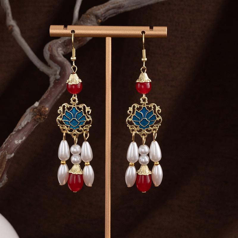 Antique New Chinese Long Earrings Imitation Pearl Water Drop Lotus Earrings Women'S National Tide Elegant Retro New Chinese Earrings
