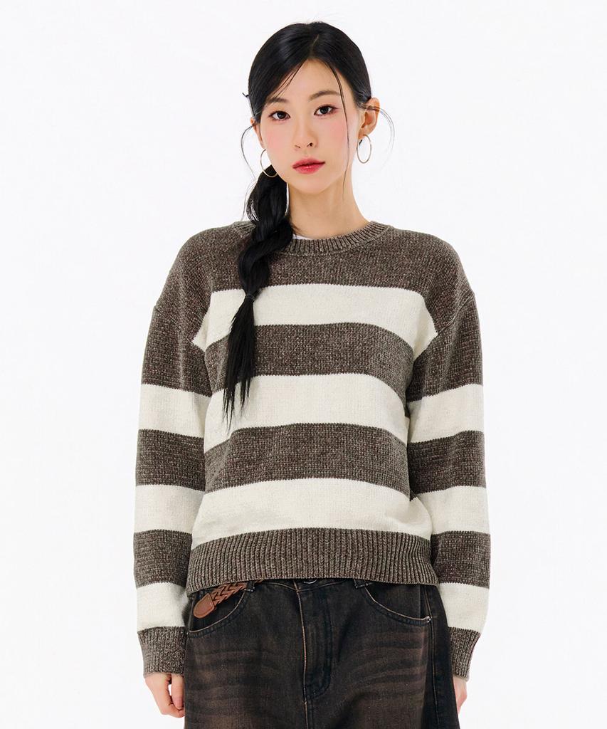 CHASECULT Women'S Striped Round Sweater - Brown