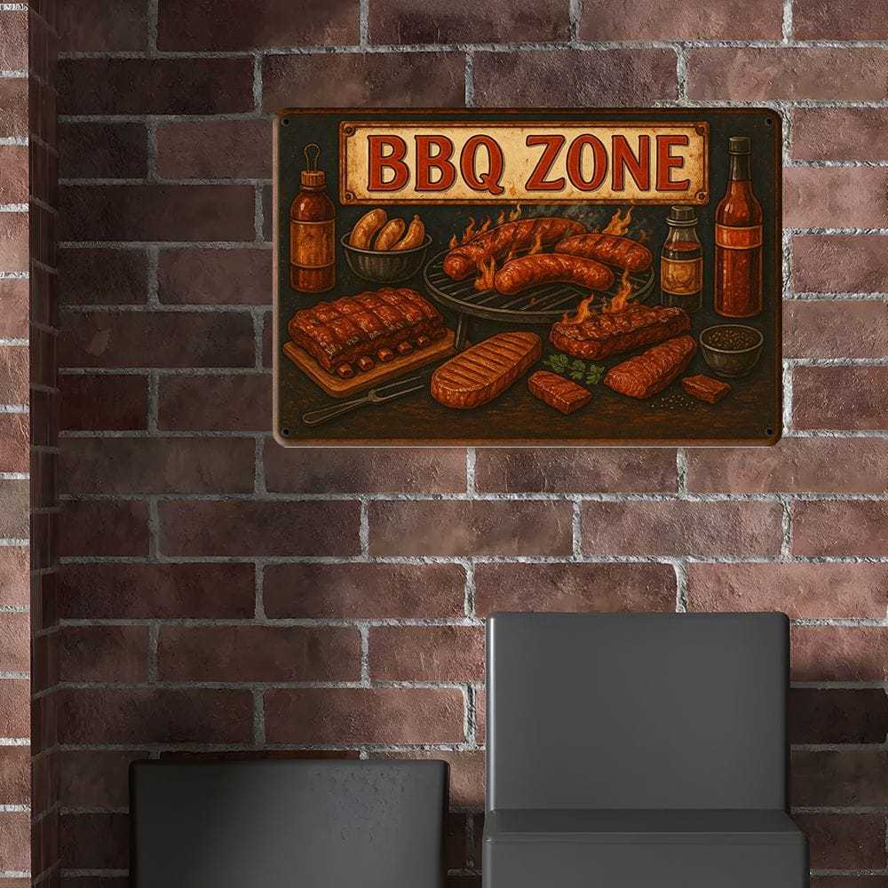 BBQ Zone Retro Metal Sign 20x30cm - Grilled design wall decor for home, bar, or restaurant.