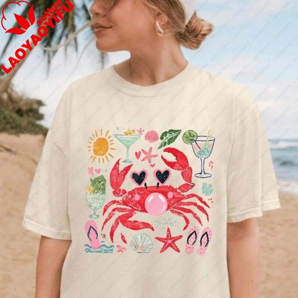 Funny Crab Shirt Crab Blowing Bubble Graphic Tee Beach Vibes Nautical Tees Summer Vacation Gift Graphic Summer Clothes