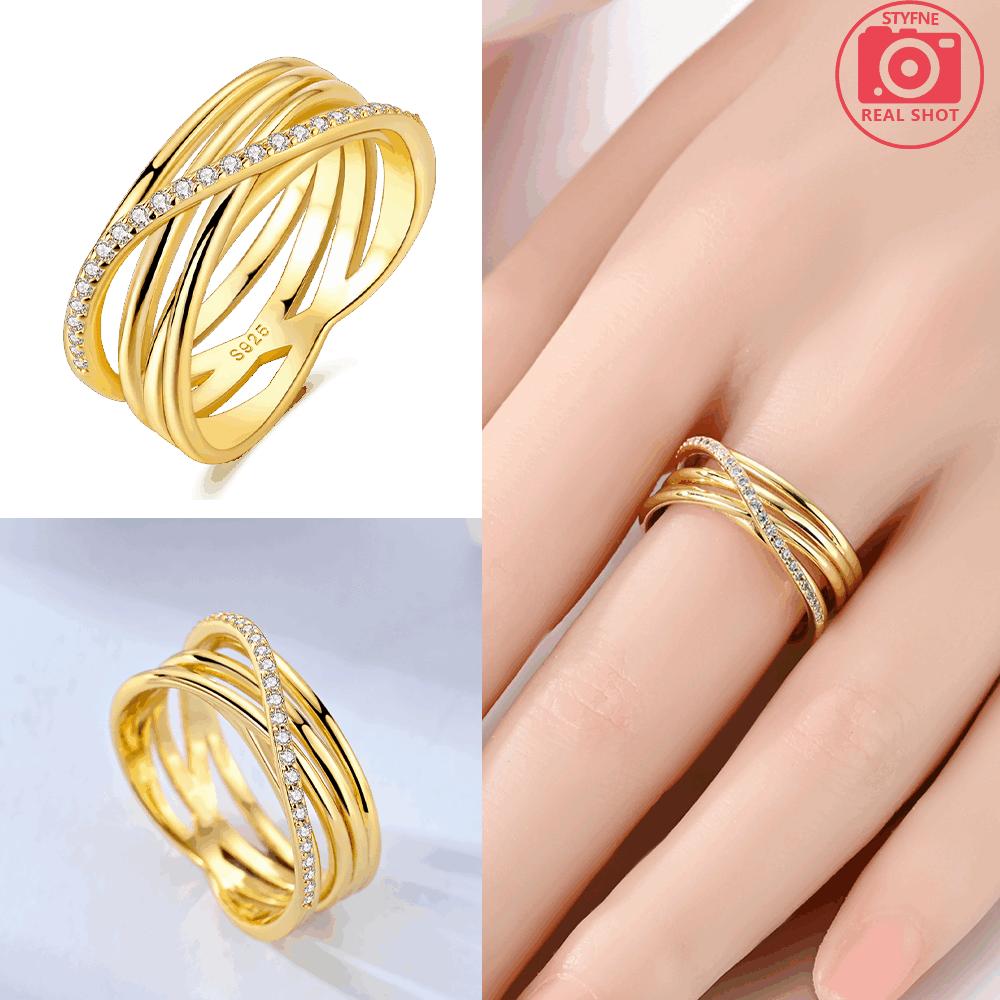 

Authentic copper Golden Multilayer Interwoven Ring Geometric Lines White Zirconia Womens Ring Accessory Valentine Fine Gift 9