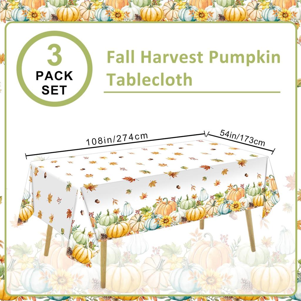 3 Pieces Fall Pumpkin Tablecloth Thanksgiving Tablecloth Autumn Harvest Maple Leaf Table Cover for Fall Thanksgiving Party Supplies, 54 X 108 Inch