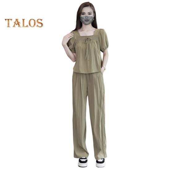 

Женский комплект из 2 шт./компл., топ, брюки, однотонный плиссированный топ с короткими рукавами и бантом, квадратный вырез, широкие брюки, свободные брюки с эластичной резинкой на талии, повседневная женская одежда для поездок на работу L