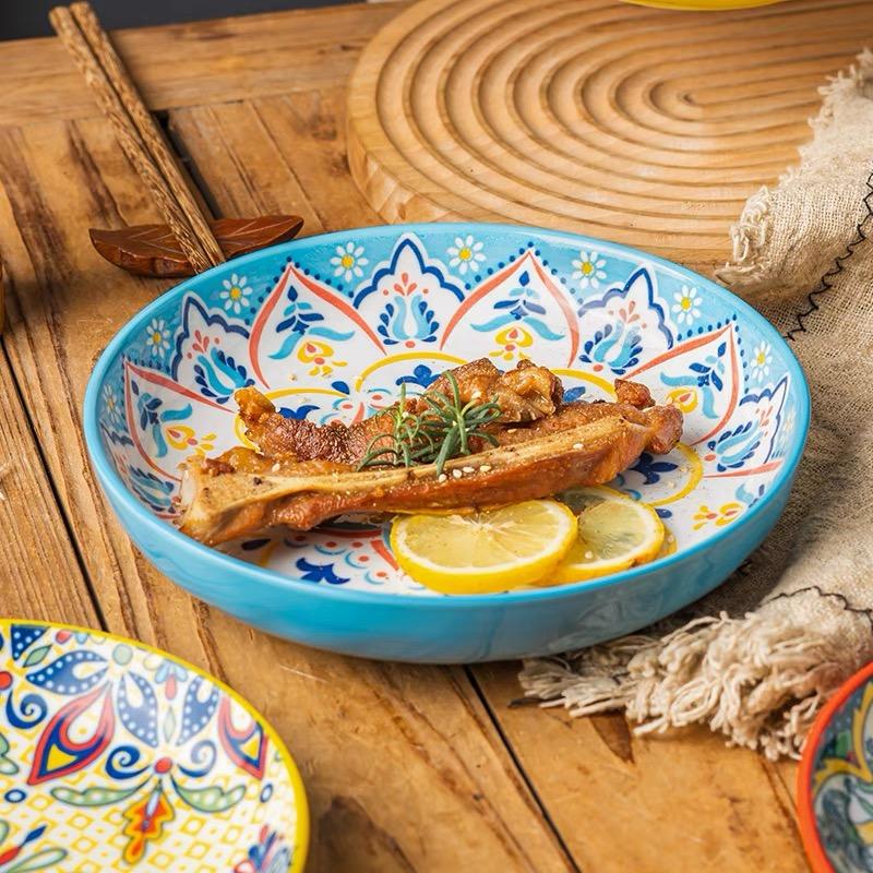 7in or 8in Bohemian Ceramic Plate High Appearance Level Home Creative Dish Plate Fruit Plate Steak Plate Deep Plate Disc Cutlery