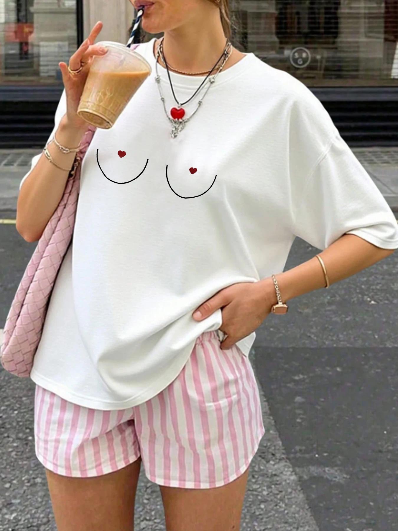 

Heart-shaped chest womens round neck short sleeve T-shirt with elastic half sleeves and trendy prints 3XL