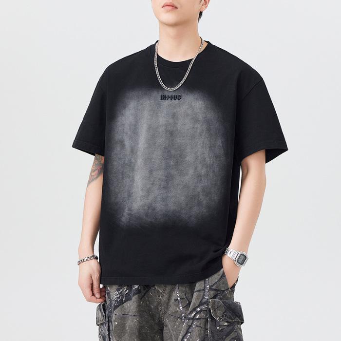 

Summer Heavyweight 290g Gradient Wash Cotton Sleeve T-shirt Mens Vintage Style American Japanese Leisure 4XL чорний
