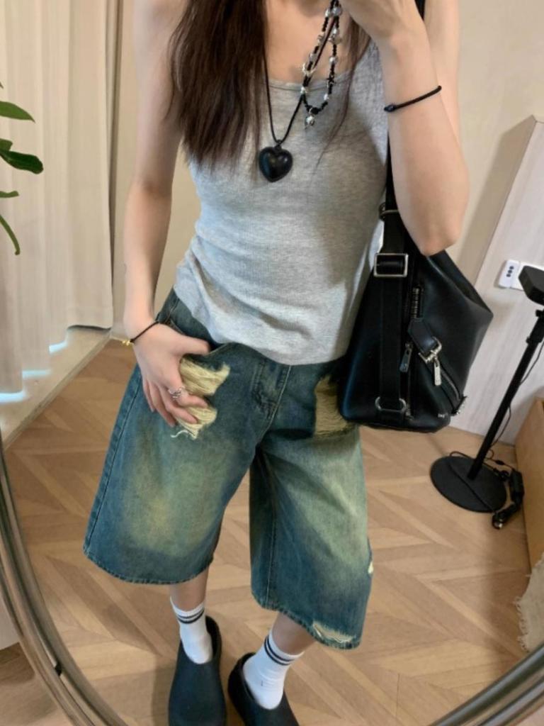 Retro zerrissene Denimshorts für Damen Baggy Sieben-Punkt-Jeanshosen Trendkleidung Y2k Streetwear Sommer