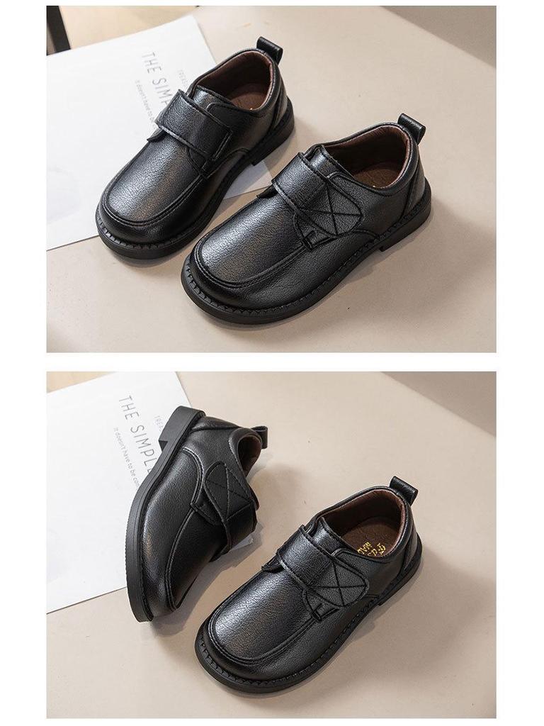 Boys' Black Leather Velcro Shoes - Soft Sole Performance Shoes for Spring/Autumn