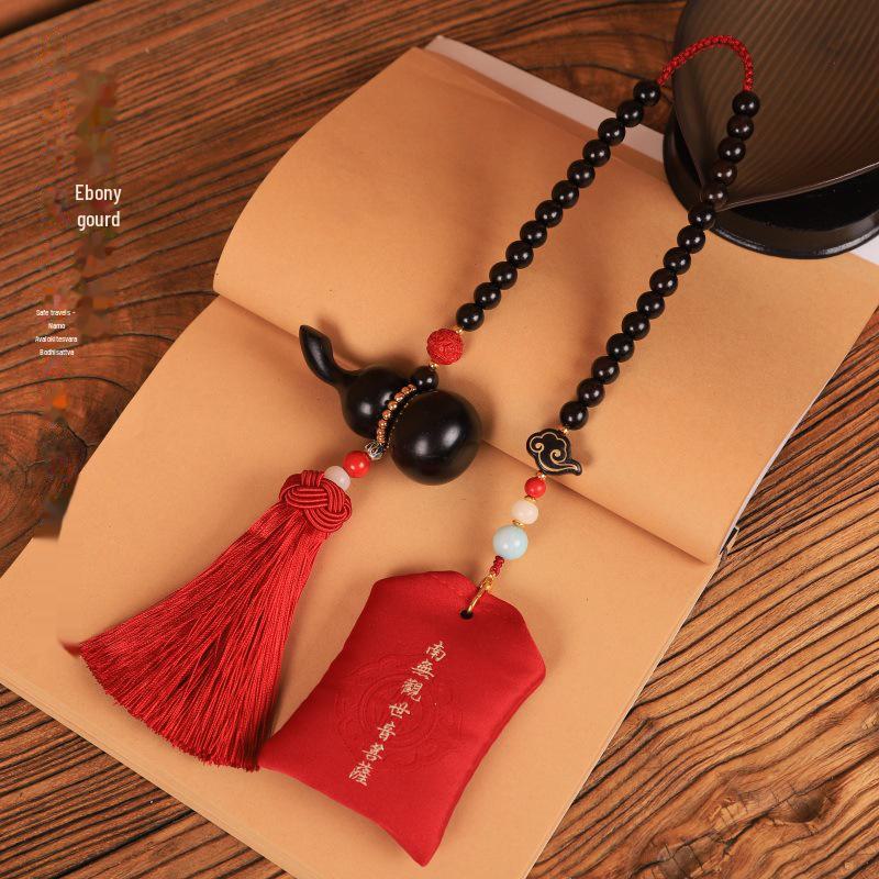 "Chinese Sandalwood Fortune Gourd Car Pendant for Safe Travel - High-End Car Accessory for Men and Women"