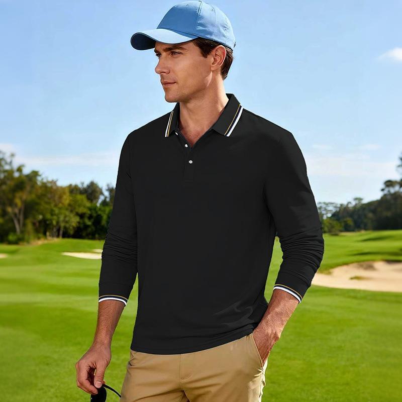 Amerikanischer Stil Locker Langarm Herren Freizeit Atmungsaktiv Einfarbig Golf Poloshirt