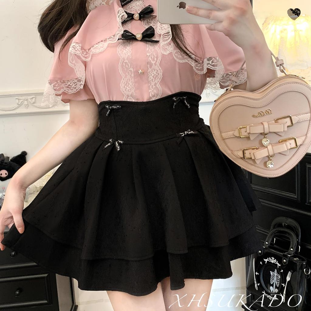 Short Detachable and Lolita Neat and Girly [XHSUKADO] Women's Open-Shoulder Blouse, Cute, Stand-Up Collar, Sleeves, Ribbon, Ruffles, Lace.