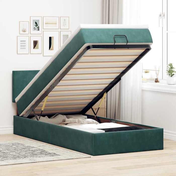 VidaXL Ottoman Bed with Mattress and LED Dark Green 90x200cm Velvet 3312527