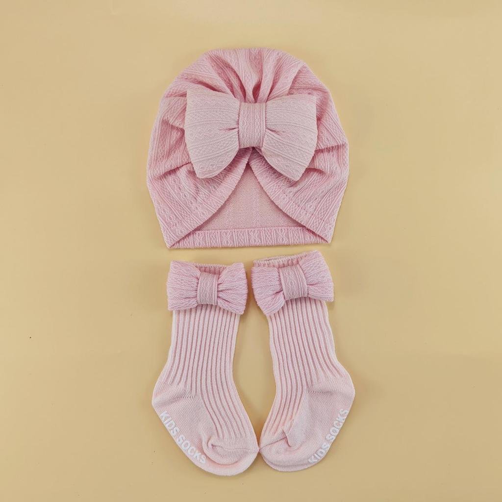 Spring & Autumn Baby Hat and Sock Set with Bow - Newborn Turban and Headband Style
