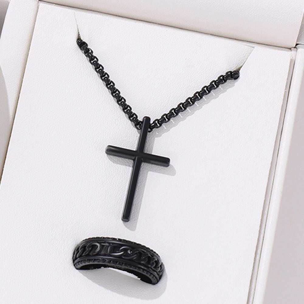 3 Piece Men Fashion Personality Simple Black Stainless Steel Non Fading Cross Necklace Ring Bracelet Set Accessories