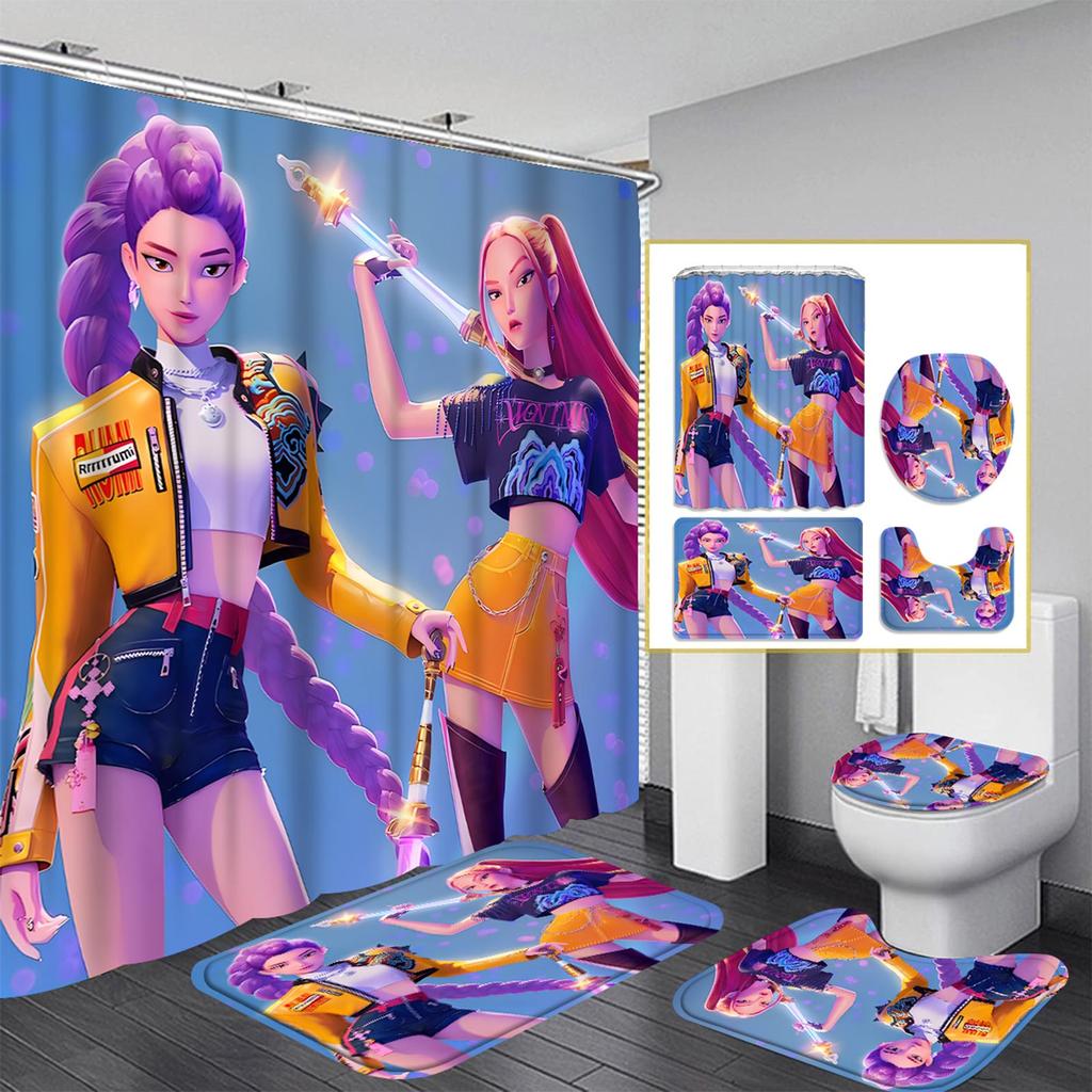 Character Print Bathroom Mat And Shower Curtain 4-Piece Set