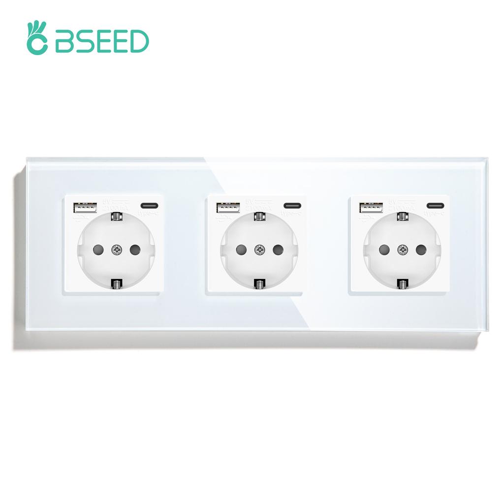 BSEED 1/2/3-fach Mechanische Taster Wandschalter Ein Aus Glas Stromschalter 2,1A Typ-C USB-Steckdose EU-Standard 1-Weg