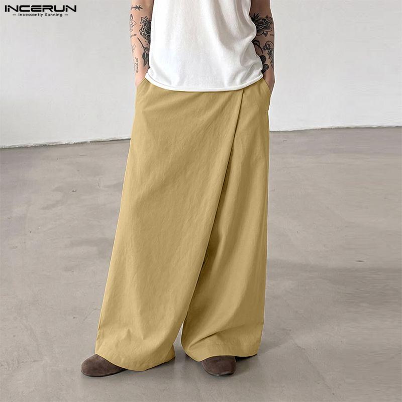 INCERUN Men Back Elastic Waist Wrap Casual Baggy Long Wide Leg Pants Trousers