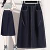 DIMANAF 2026 Summer Plus Size Women Skirts Elastic Waist Oversize Casual Fashion Lady Long Skirts Denim Cotton Solid Blue