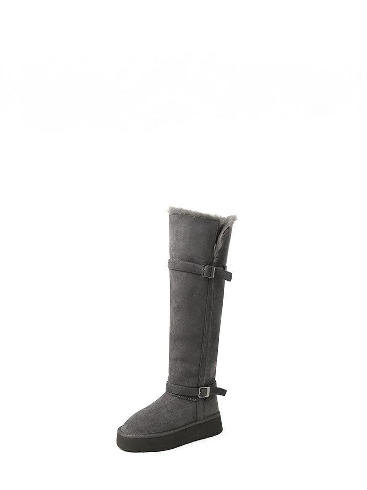 Thick-soled two-wear buckle belt, tall gray snow boots, non-slip and warm, knee-length Northeast cotton boots
