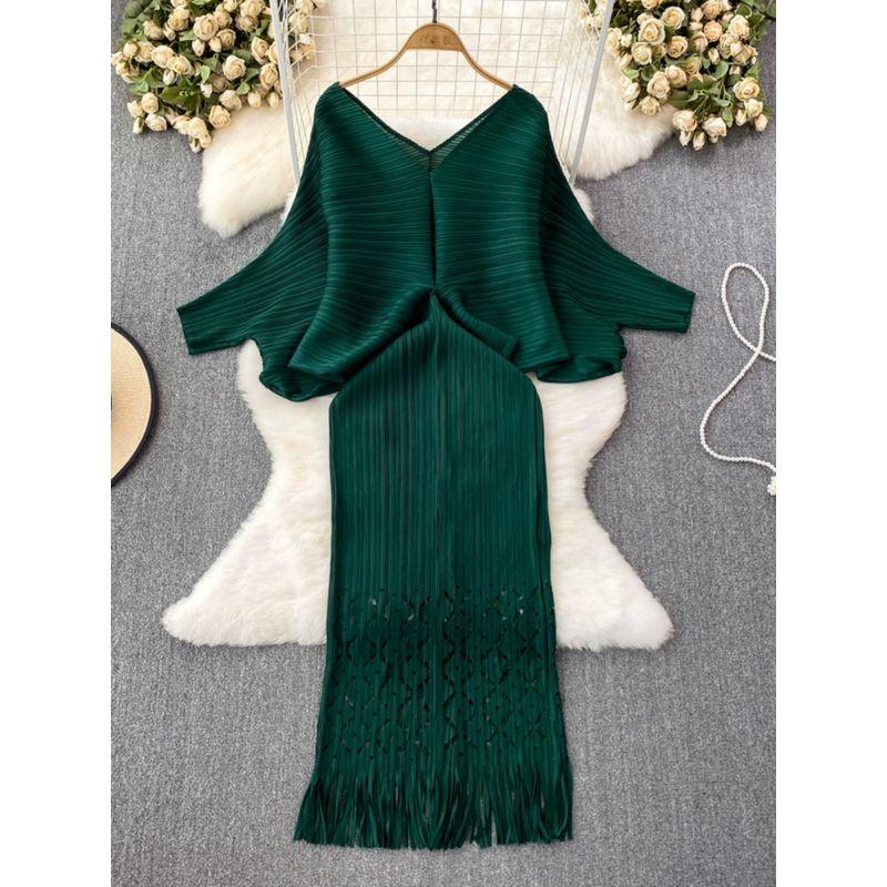 Sanzhai Ruched Socialite Batwing Sleeve Dress Fishtail