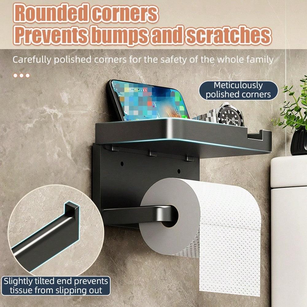 Wall-Mounted Toilet Paper Storage Rack Punch-Free Adhesive Tissue Box Mobile Phone Holder Dual-Purpose Organizer For Bathroom
