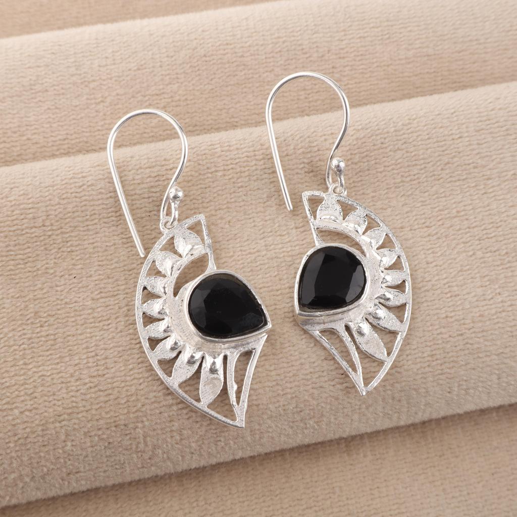 Czarny Onyks Kamień Srebrny Ładny Designerski Kolczyk 1,5", Biżuteria ze Srebra Próby 925, Biżuteria z Kamieniem Urodzinowym na Lipiec, Kolczyk Ślubny z Onyksem Dla Niej CE-26-17