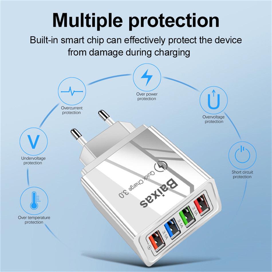 4-Port USB Mobile Charger (US/EU Standard), 3A Tablet Travel Charging Head