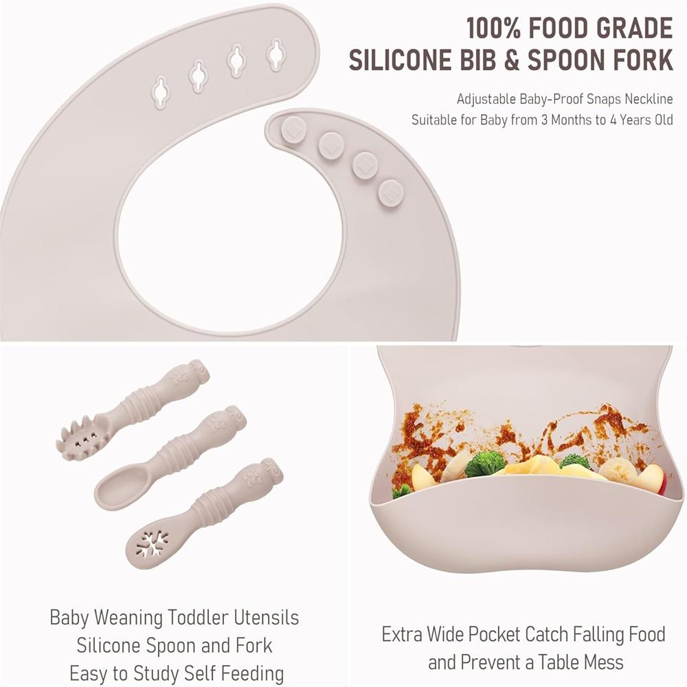 Baby Weaning Set 10 Pieces Silicone Bib Divided Plate Suction Bowl Snack Cup Spoons Hypoallergenic Beige