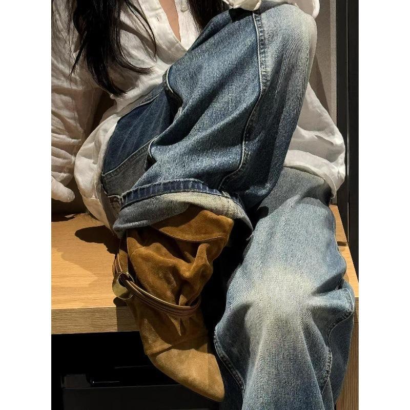 Sheepskin version niche cat and leather western boots women's folding pile boots autumn and winter new fashion temperament versatile short boots