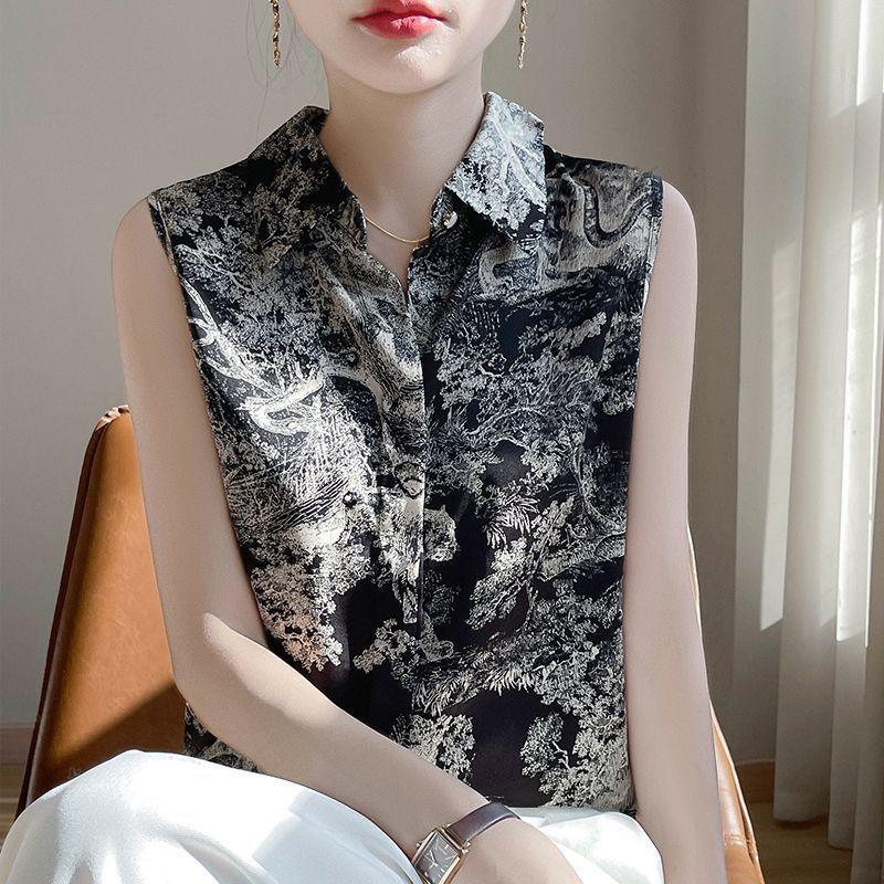 Ersatile New Classic Popularity Printed Silk Shirt for Women's Summer New Long Sleeved Sleeveless Elegant Temperament Top