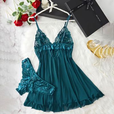 Contrast Lace Ruffle Trim Lingerie Set, Deep V Slip Dress & Thong, Women's Sexy Lingerie & Underwear