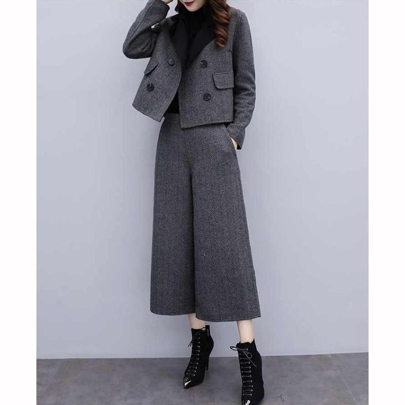 Pants Sets Two Piece Women Wool Cardigan Blazer Thick Button Wide Leg Pants Pockets Solid Casual Suits Outwear Winter