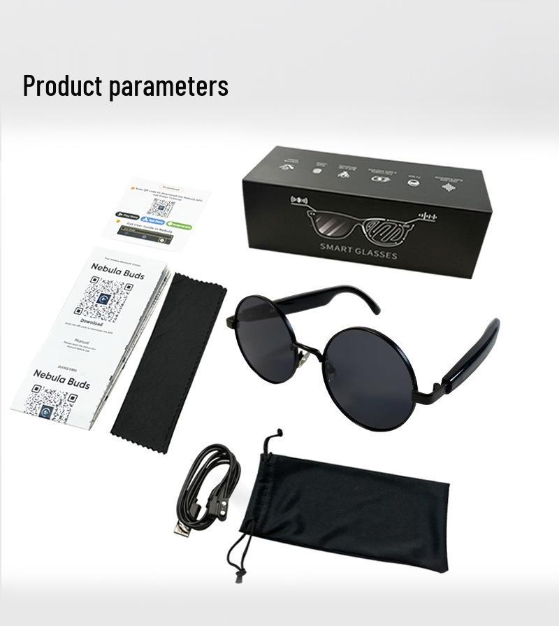 AI Smart Glasses with Bluetooth Calling & Music, Retro Oval Frame Sunglasses, Black Technology