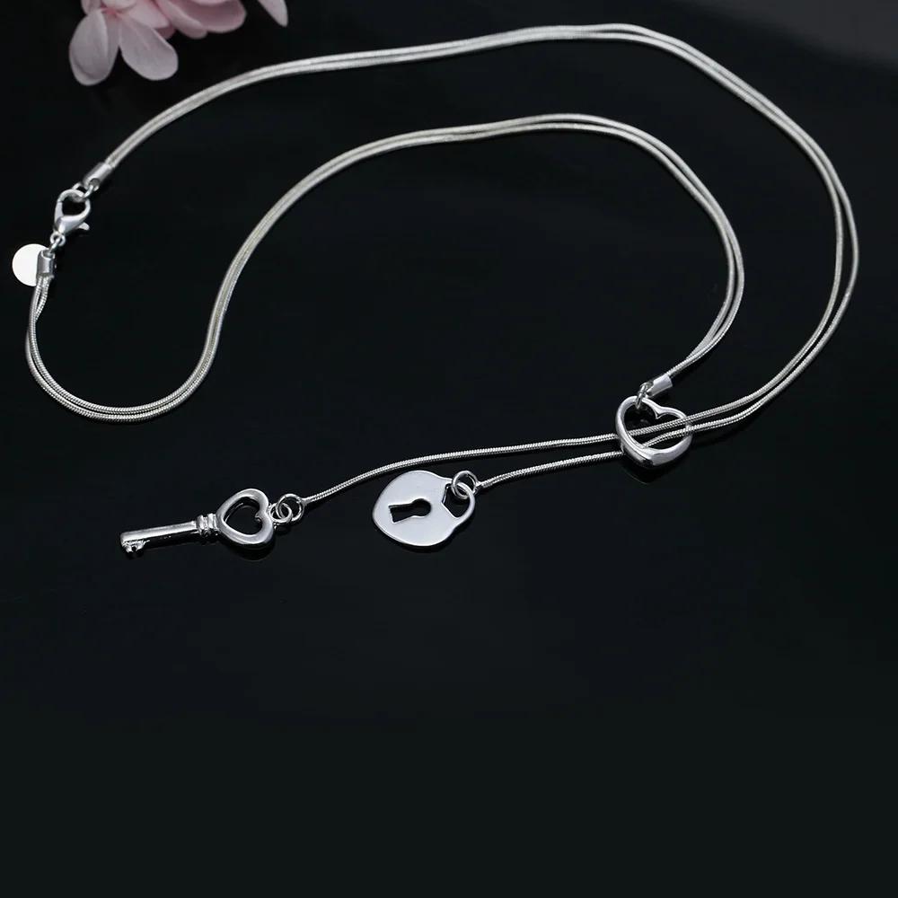 925 Sterling Silver Elegant Heart Lock Key Necklace For Women Luxury Jewelry
