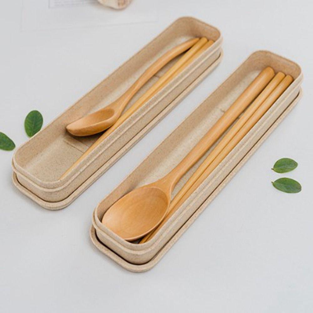 with Box Wooden Fork Chopsticks Natural Rice Soups Spoon Dinnerware Cutlery  Kitchen Accessories