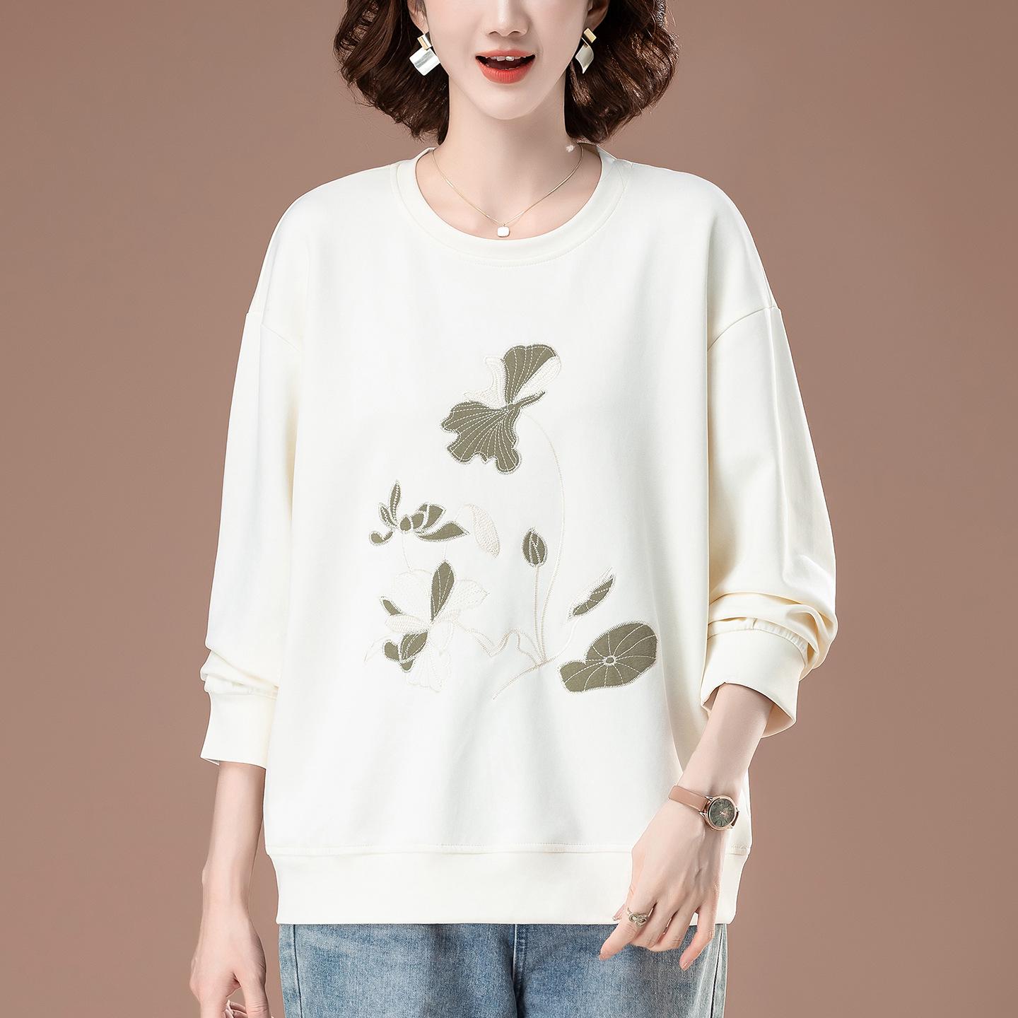 

Женский свитшот большого размера с вышивкой - Стильный свободный крой для весны и осени XL бежевый