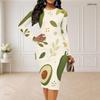 Women Plus Size Round Neck Long Sleeve Printed Bodycon Midi Dress