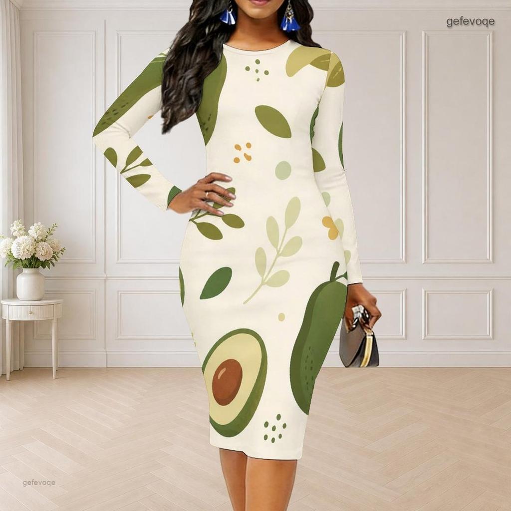 Women Plus Size Round Neck Long Sleeve Printed Bodycon Midi Dress
