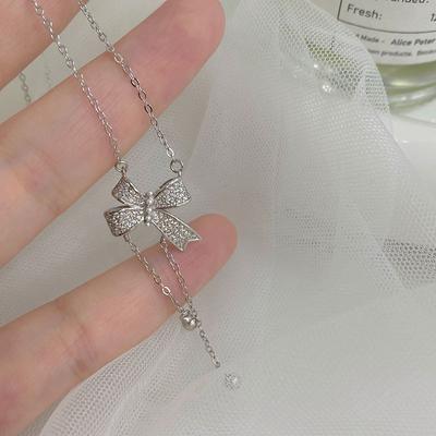 Pearl Full Diamond Bow Tassel Necklace, Sweet and High-end Feeling, Collarbone Chain, Versatile and Trendy Temperament