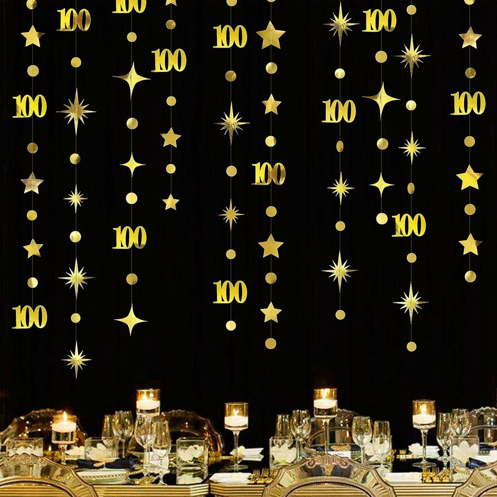 Gold 100th Birthday Decorations Number 100 Circle Dot Twinkle Star Garland Hanging Streamer Bunting Banner Backdrop for Women Mens 100th Anniversary