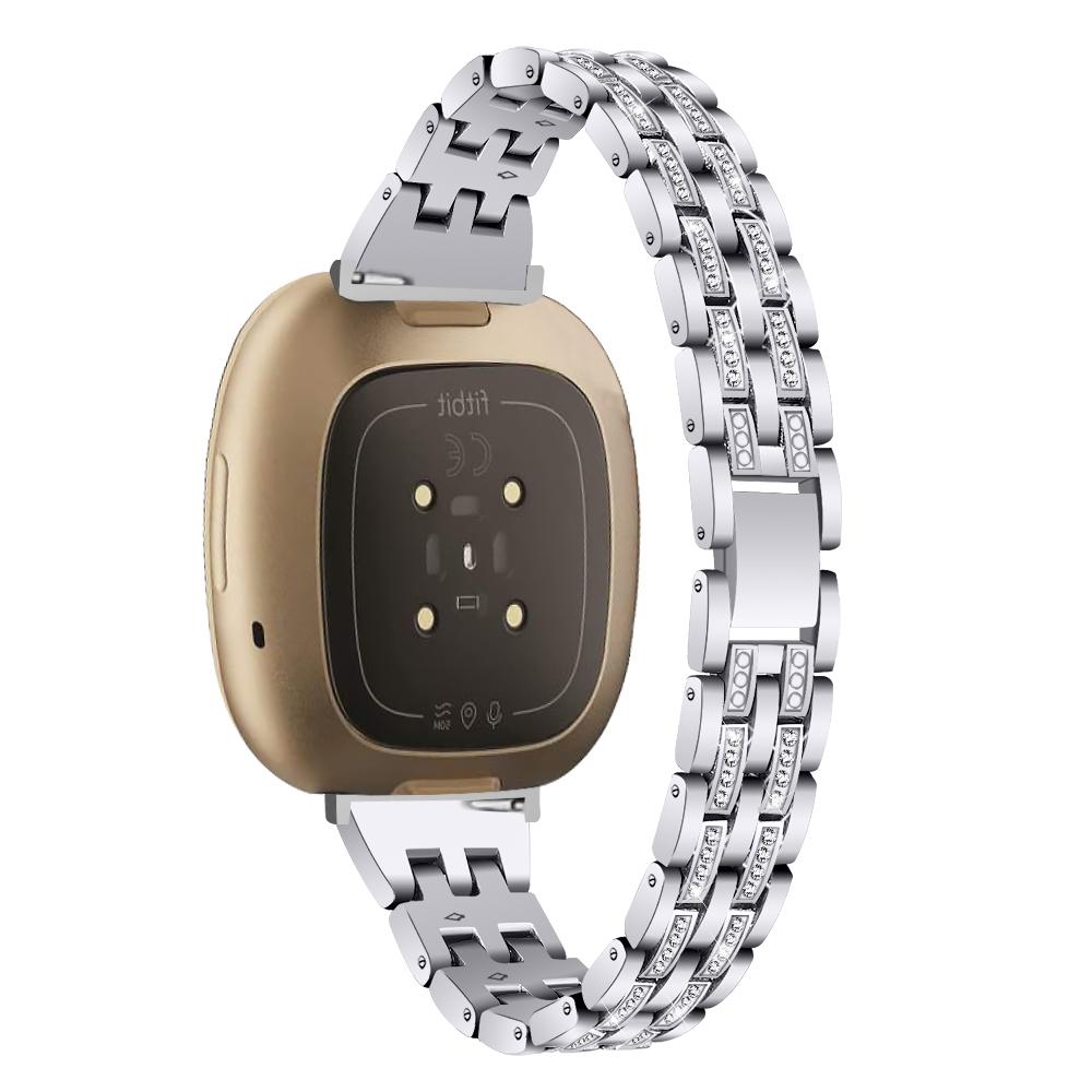 

For Fitbit Versa 4/Sense 2 Zinc Alloy 2 Row Rhinestone Decor Watch Strap Replacement Wrist Band Silver