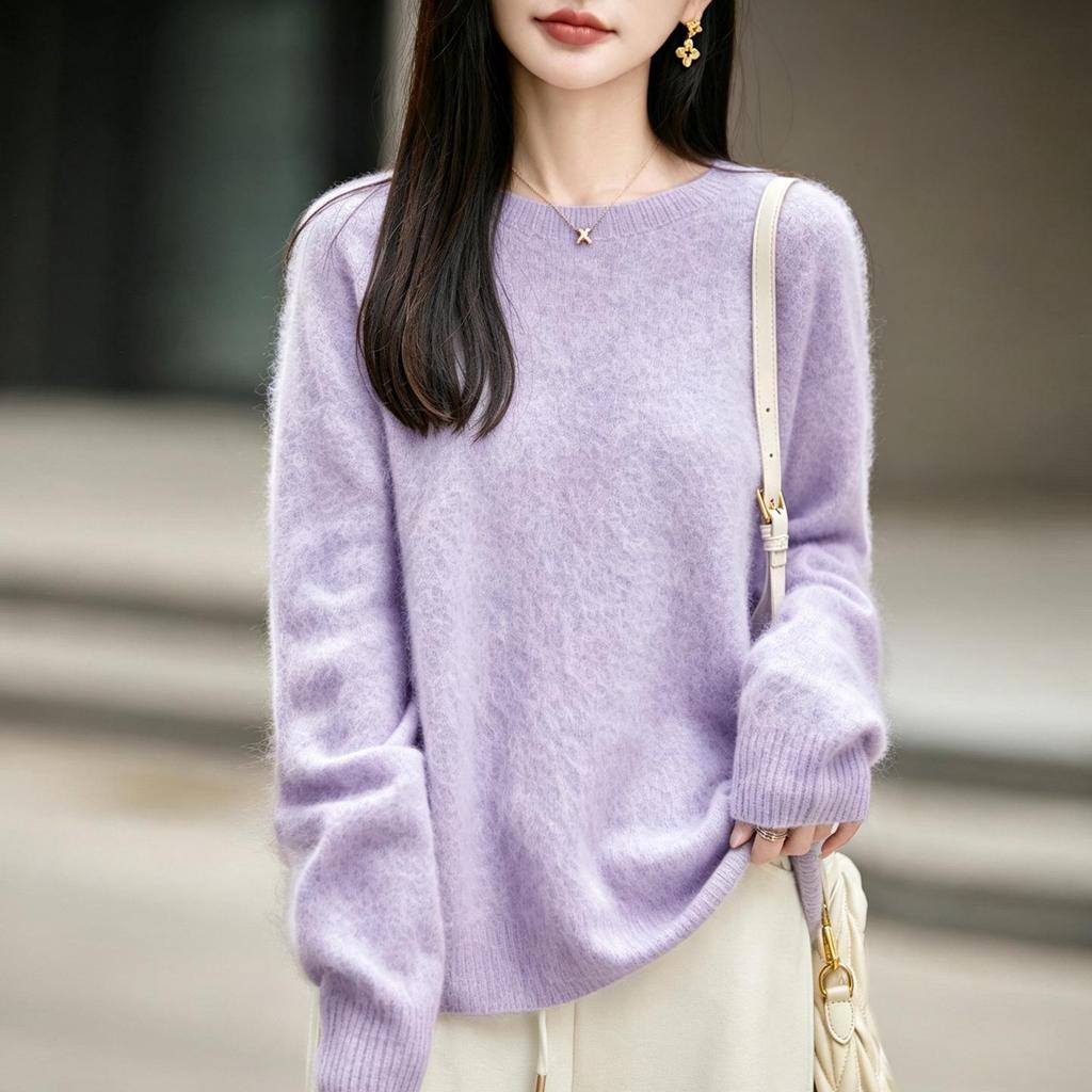 Women's Seamless Plush Knit Wool Sweater, Round Neck, Loose Fit, Long Sleeve - 2026 Autumn/Winter Collection