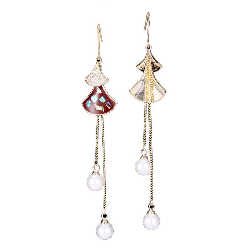Face thin earrings trendy niche high-end long modified face fan-shaped small skirt pearl fringed earrings