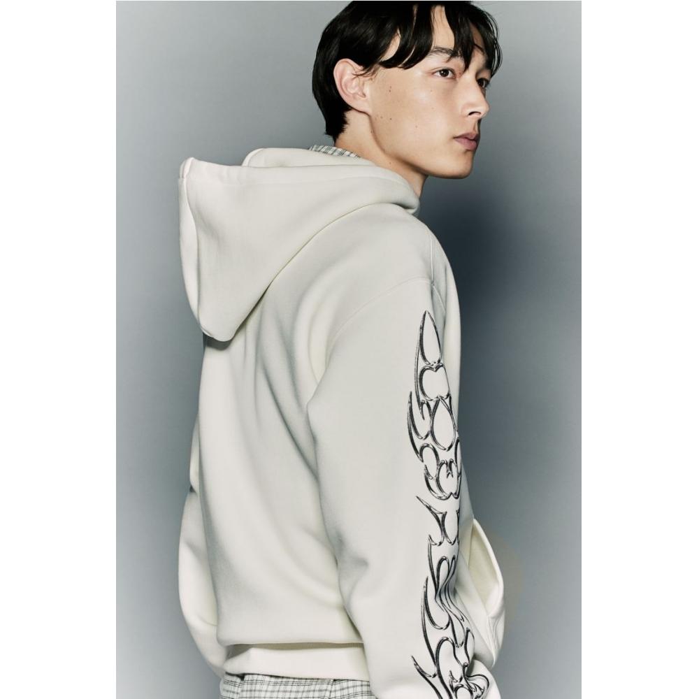H M Loose Fit Printed Hoodie wHite