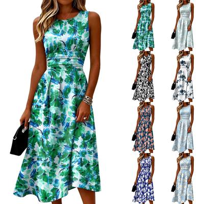 Sleeveless Casual Midi Dress with Round Neck Floral Print Fit and Flare Style Lightweight Summer Dress for Women