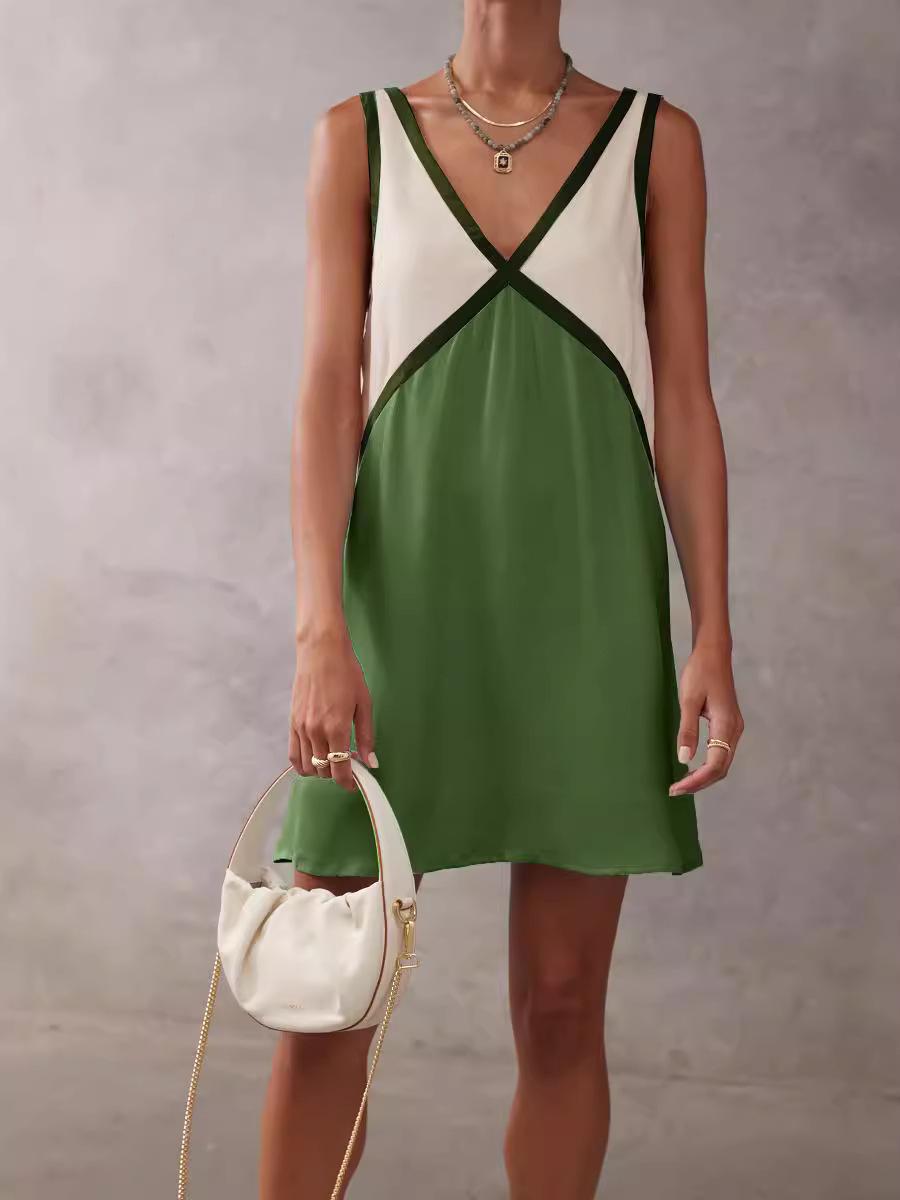 Summer Color Block V-Neck Sleeveless Dress for Women M (US size) зелёный