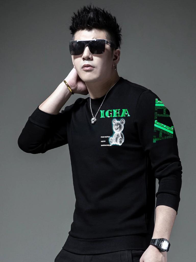 European Men's Long-Sleeve Crew Neck Sweatshirt 2025 Autumn New Bear Print Rhinestone Base Shirt Trendy Top