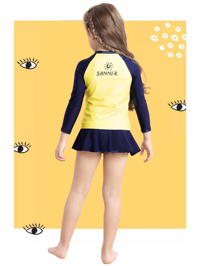 Girls' Long-Sleeved Split Swimsuit with Letter Print & Short Skirt - 2025 Collection
