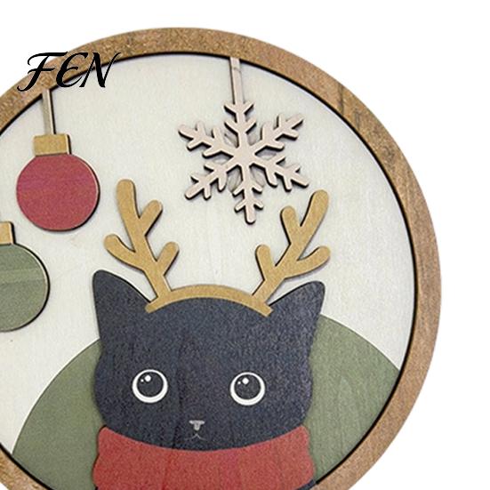 Holiday Gift Ideas Christmas Black Cat Wall Decor, Layered Wooden Hanging Sign, Round 2D Modern Home Art Flat Decoration for Living Room Bedroom
